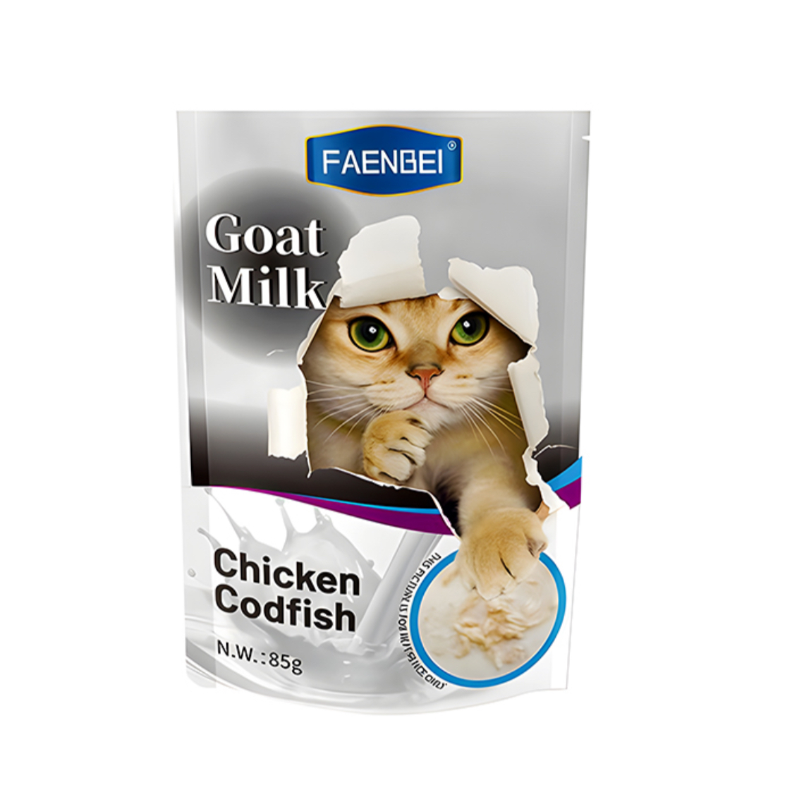 پوچ گربه فنبی با طعم مرغ و خرگوش در شیر بز وزن 85 گرم