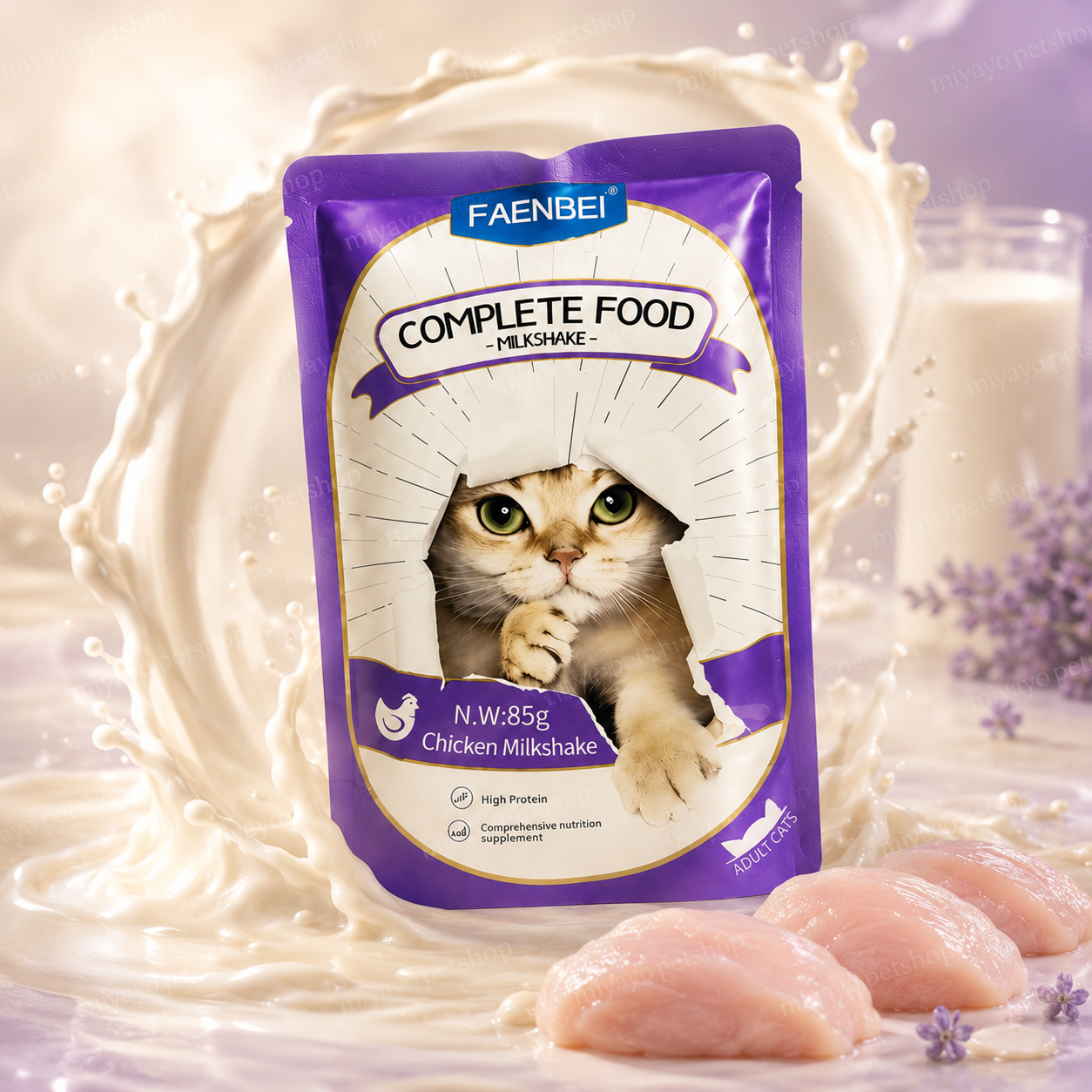 پوچ غذای کامل تر گربه فنبی مدل میلک‌شیک با طعم مرغ Faenbei Cat Milkshake With Chicken وزن 85 گرم