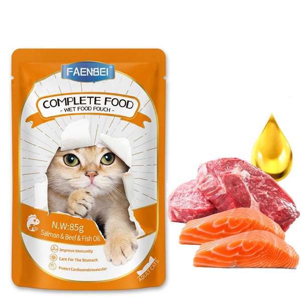 پوچ غذای کامل گربه فنبی با طعم سالمون، بیف و روغن ماهی Faenbei Cat Pouch With Salmon Beef & Fish Oil وزن 85 گرم