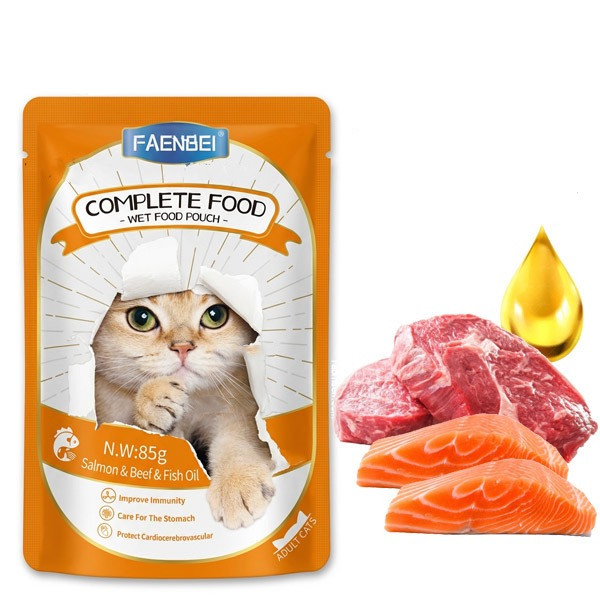 پوچ غذای کامل گربه فنبی با طعم سالمون، بیف و روغن ماهی Faenbei Cat Pouch With Salmon Beef & Fish Oil وزن 85 گرم