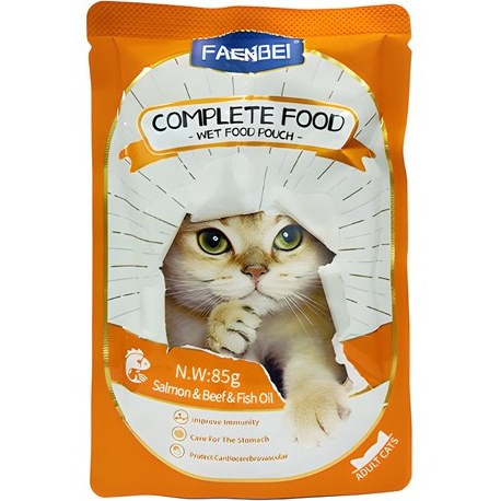 پوچ غذای کامل گربه فنبی با طعم سالمون، بیف و روغن ماهی Faenbei Cat Pouch With Salmon Beef & Fish Oil وزن 85 گرم
