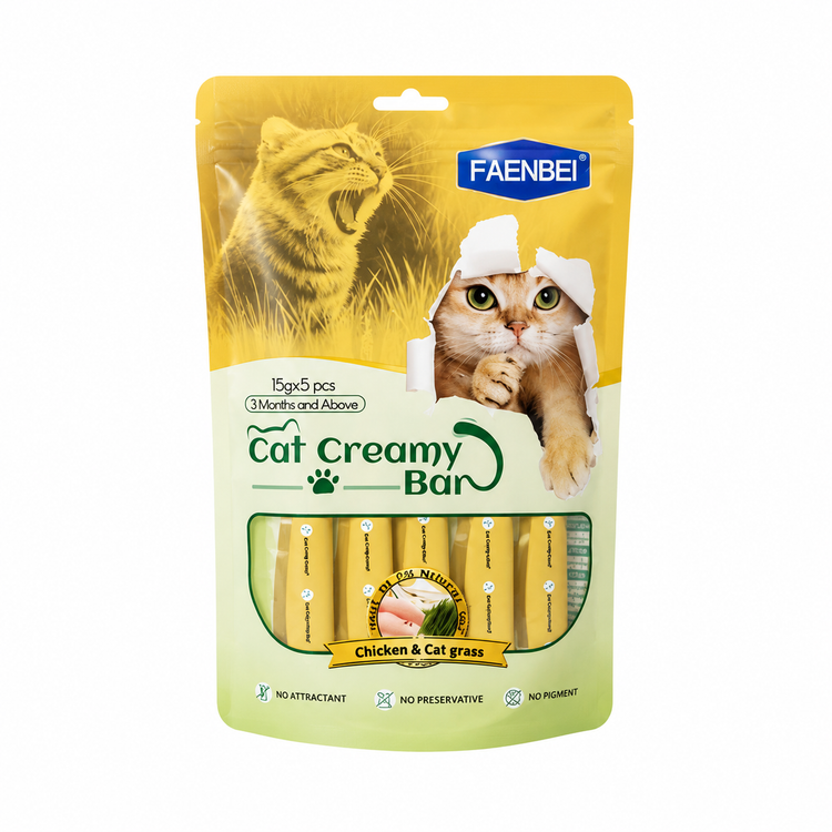 بستنی گربه فنبی با طعم مرغ و علف گربه Faenbei Cat Creamy Bar with chicken & cat grassبسته ۵ عددی