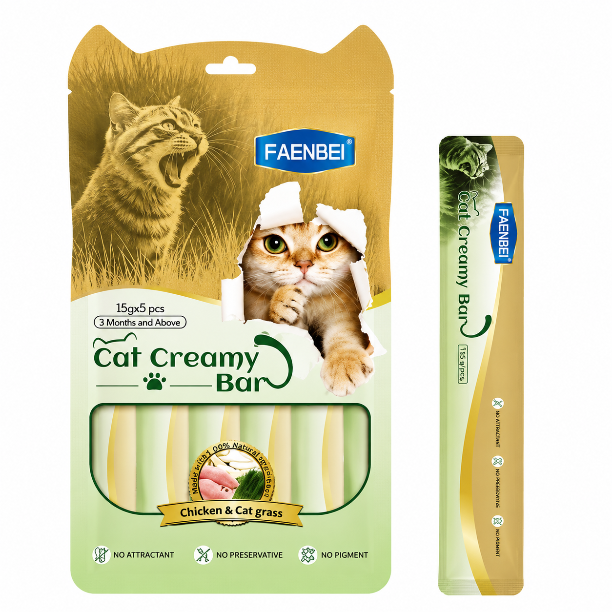 بستنی گربه فنبی با طعم مرغ و علف گربه  Faenbei Cat Creamy Bar with  chicken & cat grassبسته ۵ عددی