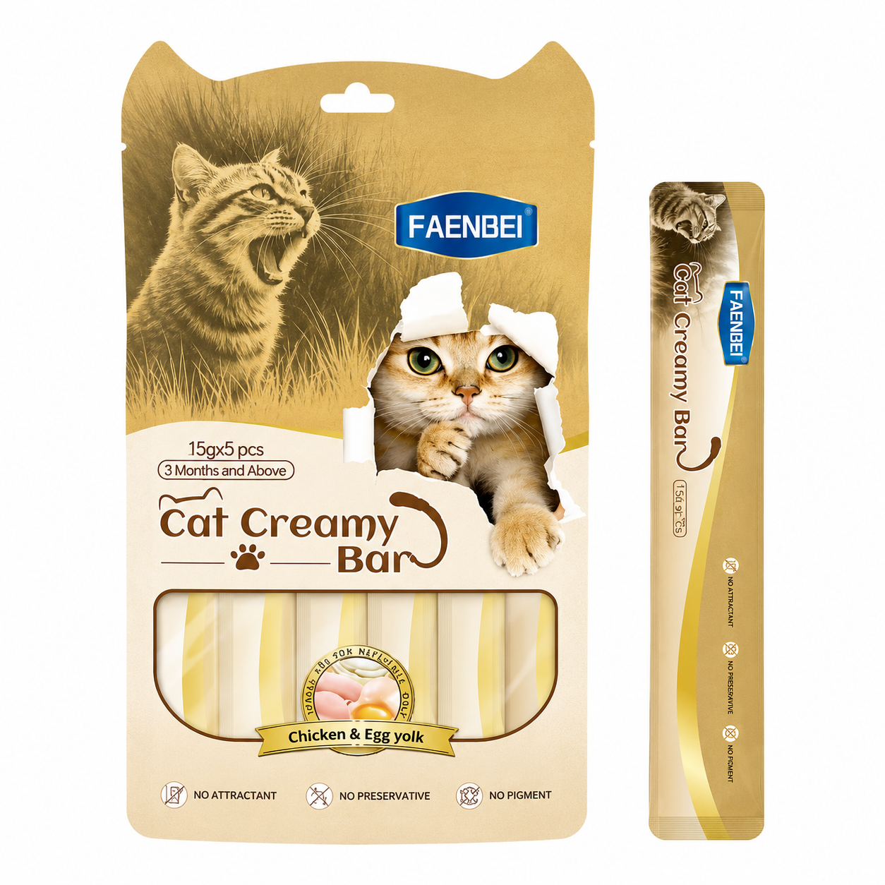 بستنی گربه فنبی طعم مرغ و زرده تخم مرغ ‏Faenbei Cat Creamy Bar Chicken & Egg Yolk وزن 75 گرم بسته 5 عددی