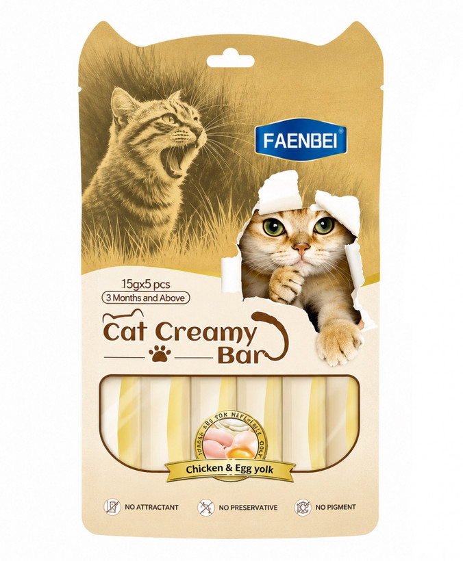 بستنی گربه فنبی طعم مرغ و زرده تخم مرغ Faenbei Cat Creamy Bar Chicken & Egg Yolk وزن 75 گرم بسته 5 عددی
