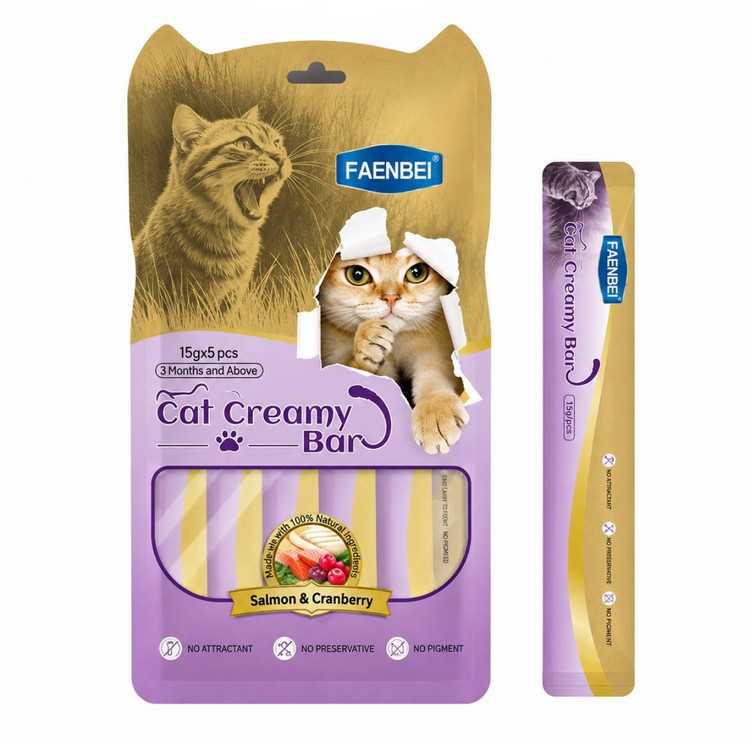 بستنی گربه فنبی طعم سالمون و ذغال اخته Faenbei Cat Creamy bar salmon & Cranberry وزن ٧۵ گرم بسته ۵ عددی