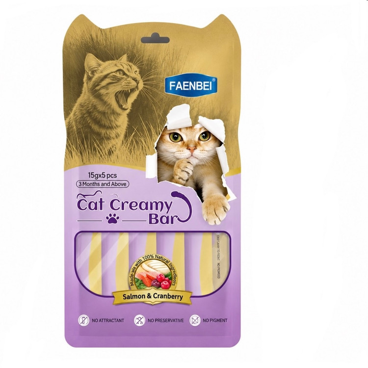 بستنی گربه فنبی طعم سالمون و ذغال اخته Faenbei Cat Creamy bar salmon & Cranberry وزن ٧۵ گرم بسته ۵ عددی