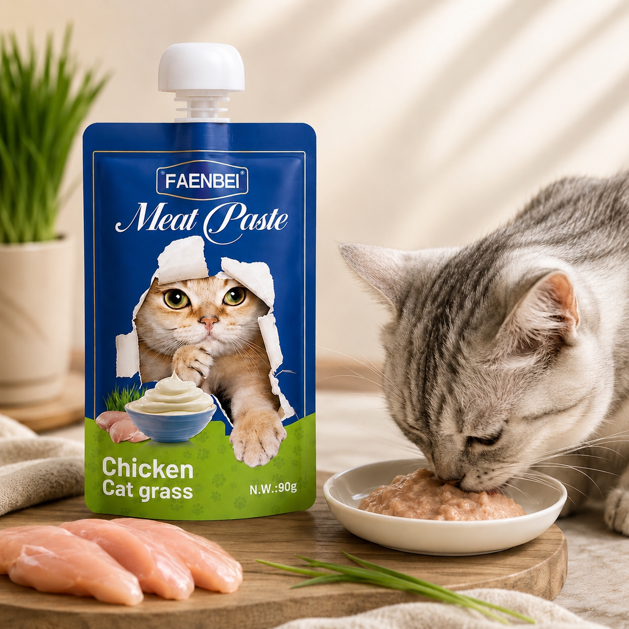 پودینگ گربه فنبی طعم  مرغ و علف گربه 90 گرم