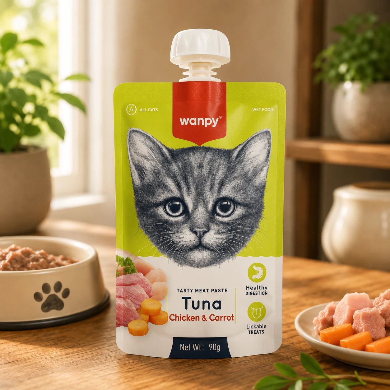پودینگ گربه ونپی مدل سفارش اروپا با طعم ماهی تن و مرغ و هویج وزن 90 گرم