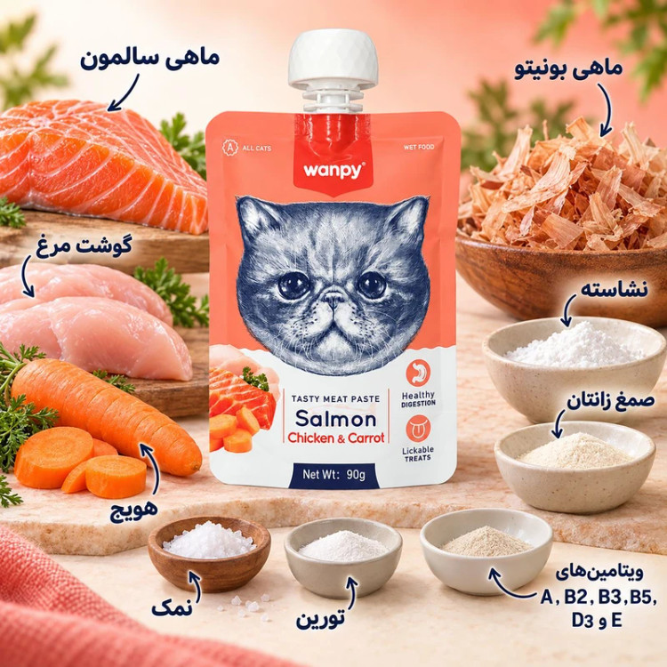 پودینگ گربه ونپی مدل سفارش اروپا با طعم سالمون و مرغ و هویج وزن 90 گرم