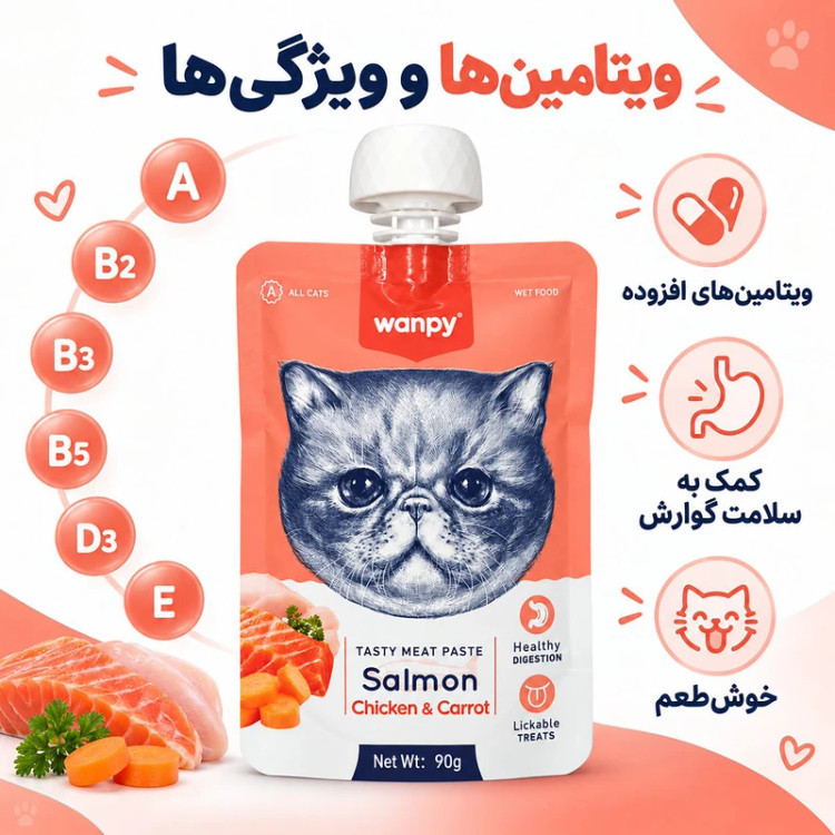پودینگ گربه ونپی مدل سفارش اروپا با طعم سالمون و مرغ و هویج وزن 90 گرم