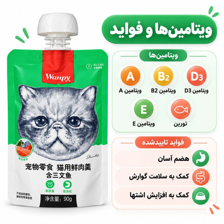 پودینگ گربه ونپی مدل چینی نویس طعم ماهی سالمون وزن ٩٠ گرم